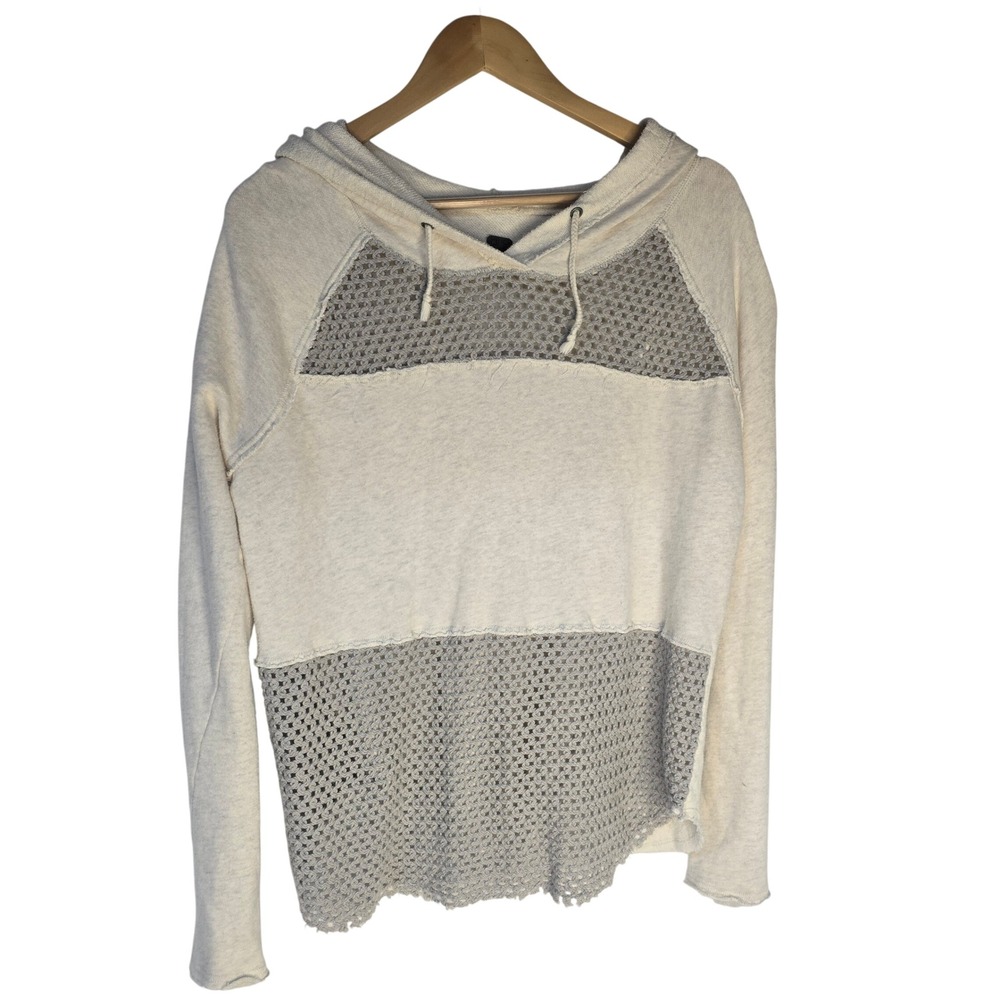 We The Free Crochet Inset‎ Hoodie Women Large Cream Cotton Boho Mesh Raw Hem L